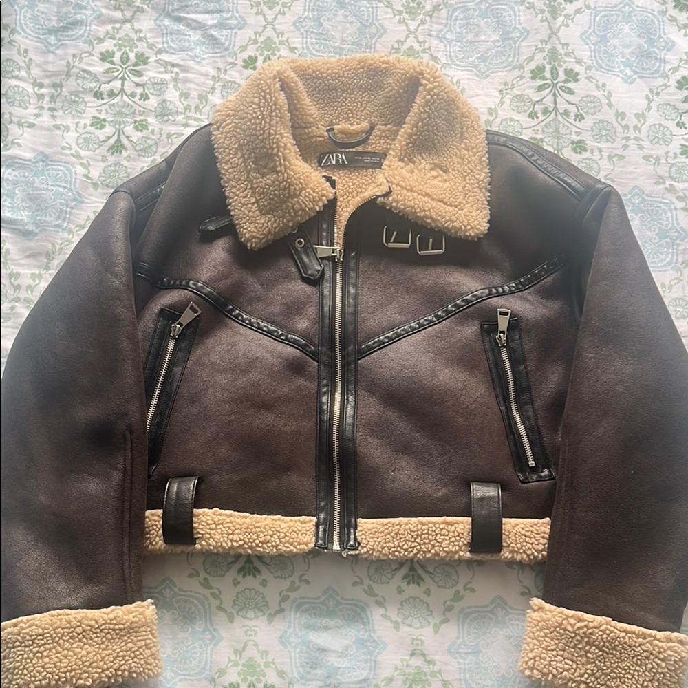 Zara Dark Brown Aviator Jacket with Tan Shearling